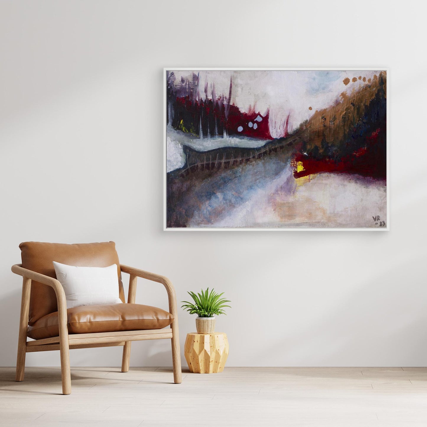 Small abstract acrylic landscape in earthy tones, evoking a forest and moody path, painted by Swedish artist Vilda Rosenblad.