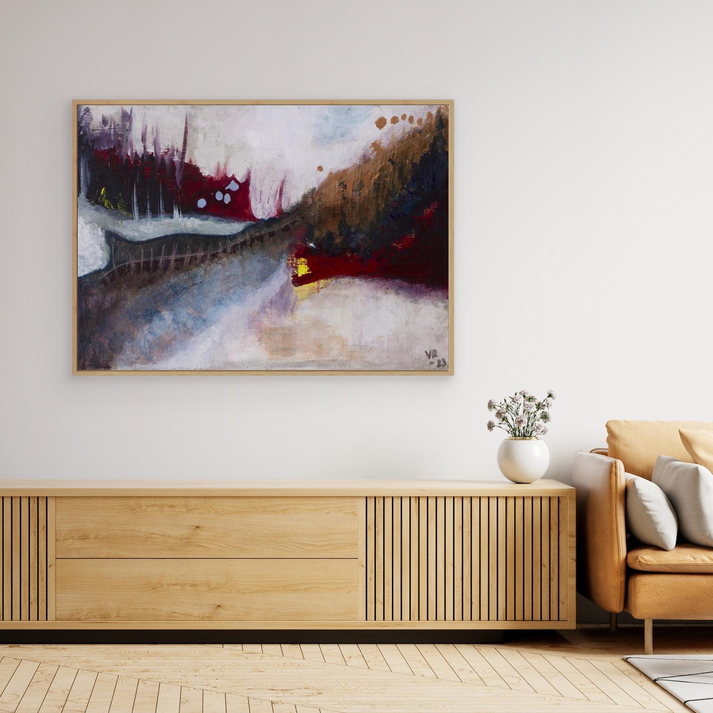 Small abstract acrylic landscape in earthy tones, evoking a forest and moody path, painted by Swedish artist Vilda Rosenblad.