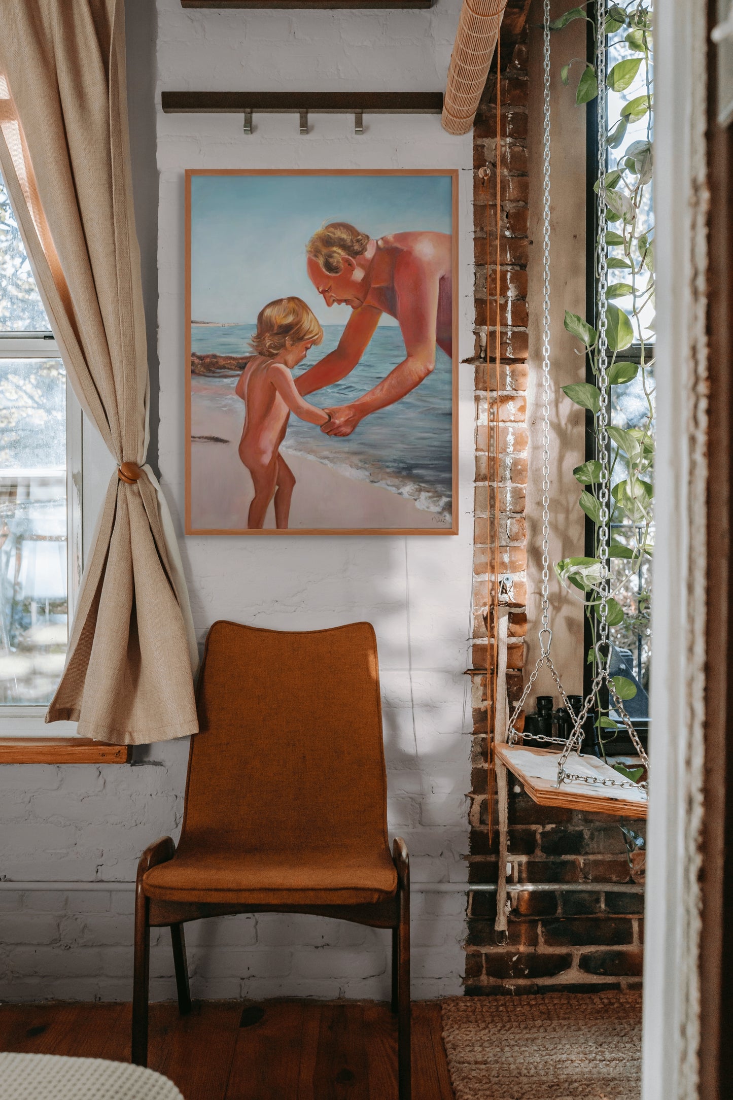 Oil painting of grandfather holding hands with small child at the beach, Scandinavian coastal scene, by Vilda Rosenblad.