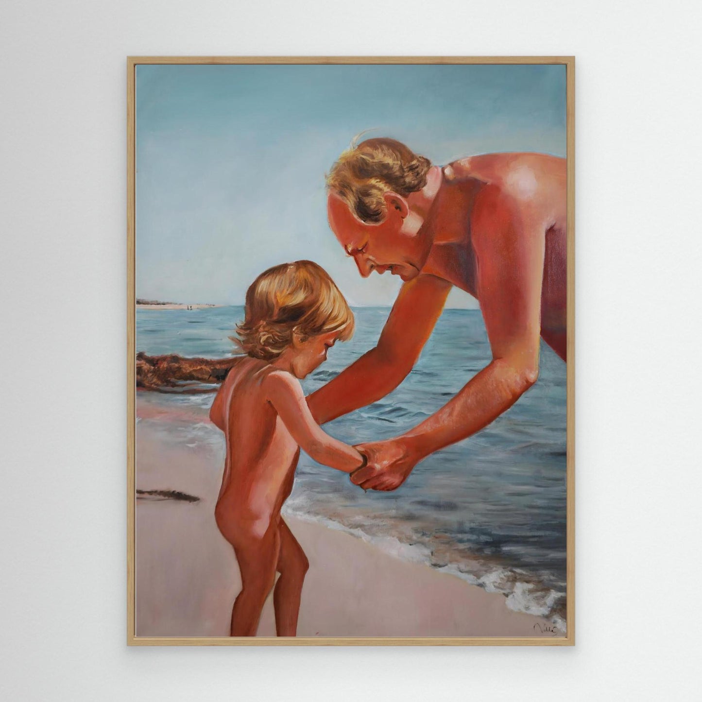 Oil painting of grandfather holding hands with small child at the beach, Scandinavian coastal scene, by Vilda Rosenblad.