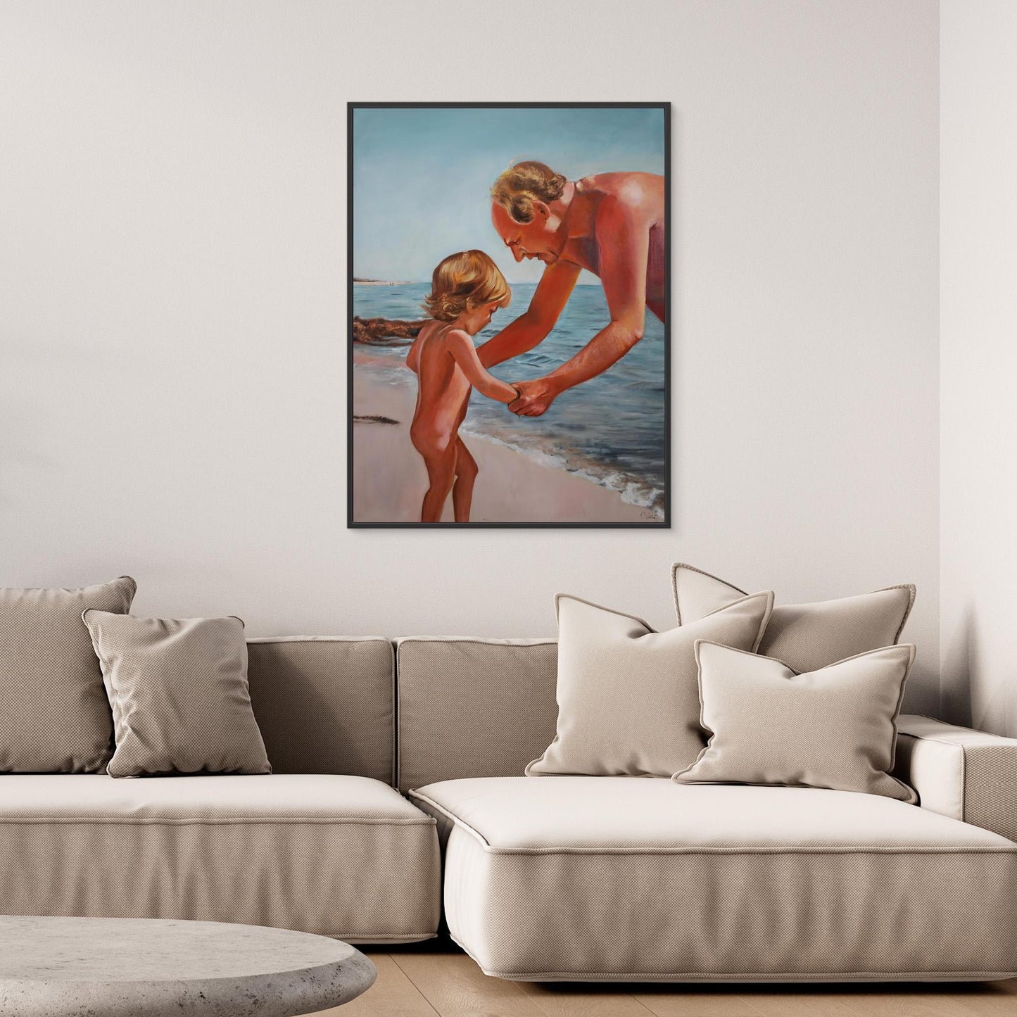 Oil painting of grandfather holding hands with small child at the beach, Scandinavian coastal scene, by Vilda Rosenblad.