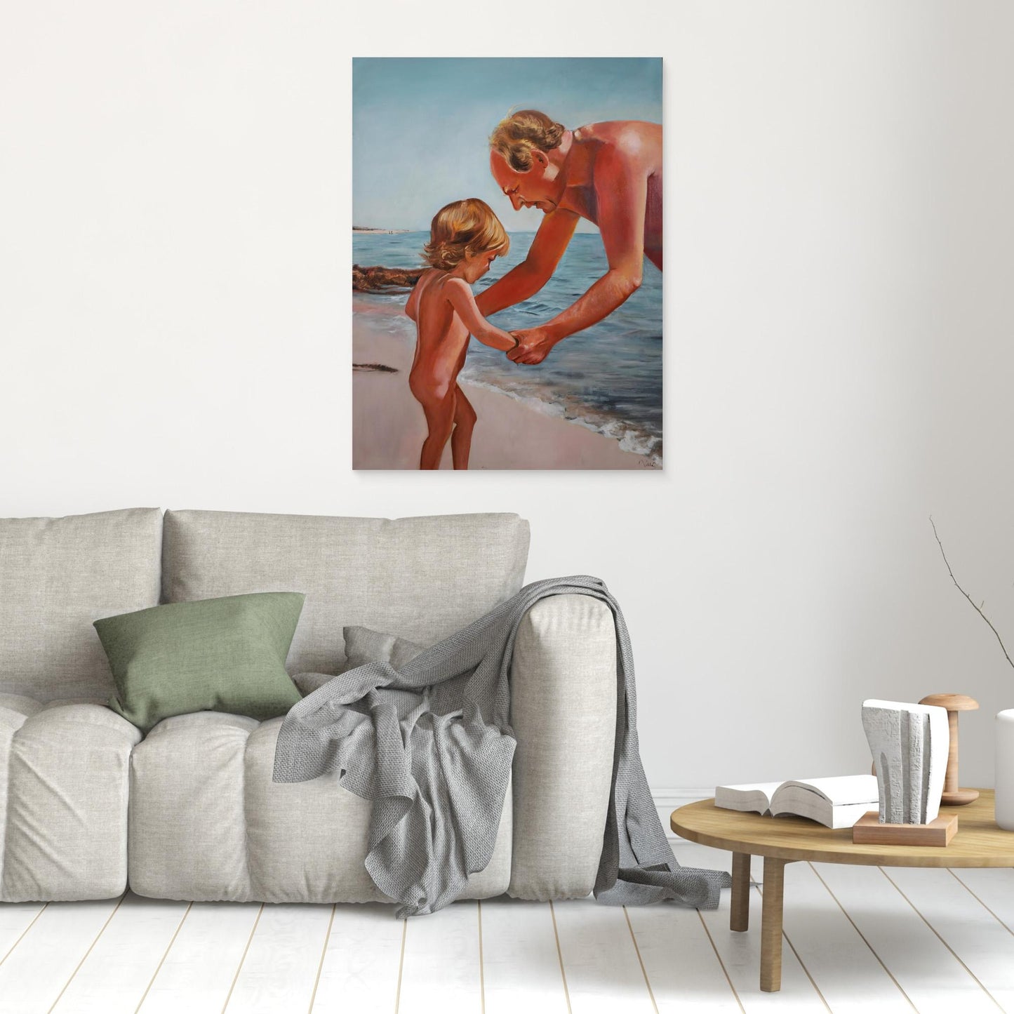 Oil painting of grandfather holding hands with small child at the beach, Scandinavian coastal scene, by Vilda Rosenblad.
