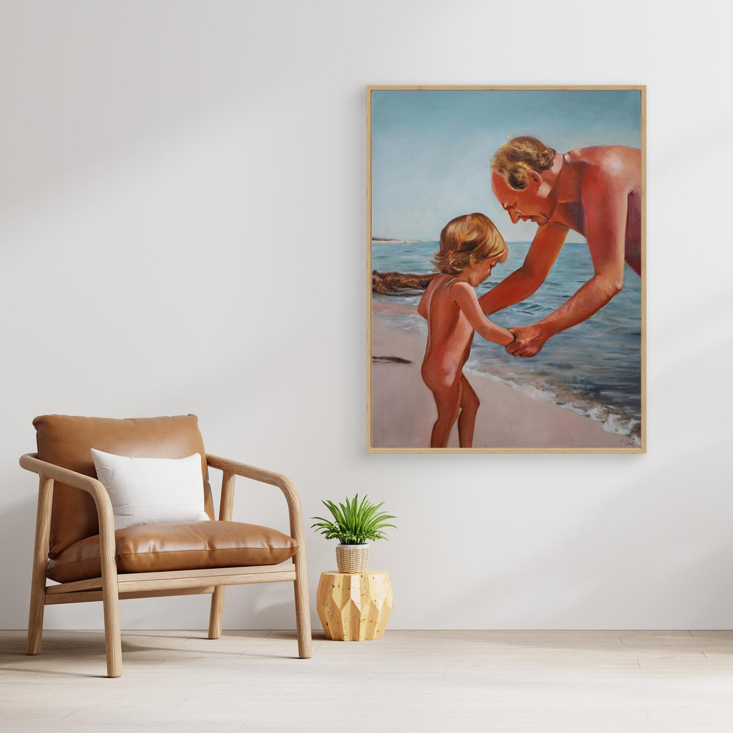 Oil painting of grandfather holding hands with small child at the beach, Scandinavian coastal scene, by Vilda Rosenblad.