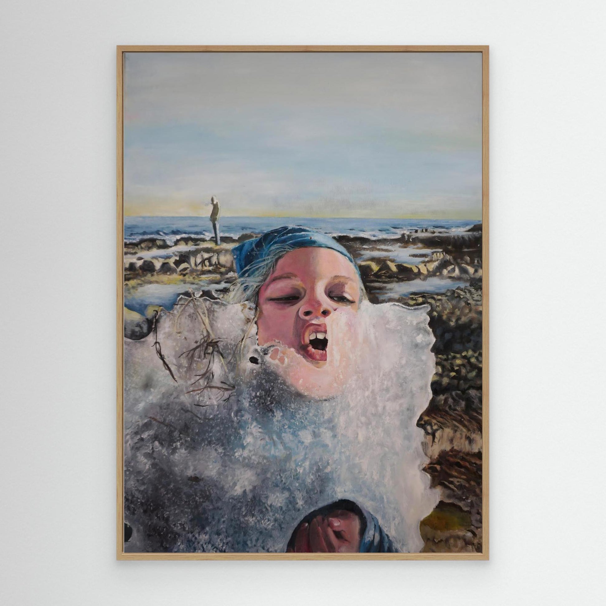 Vibrant oil painting of a child eating ice near the Nordic shoreline. Emotional, playful, and wild. Original art by Vilda Rosenblad.