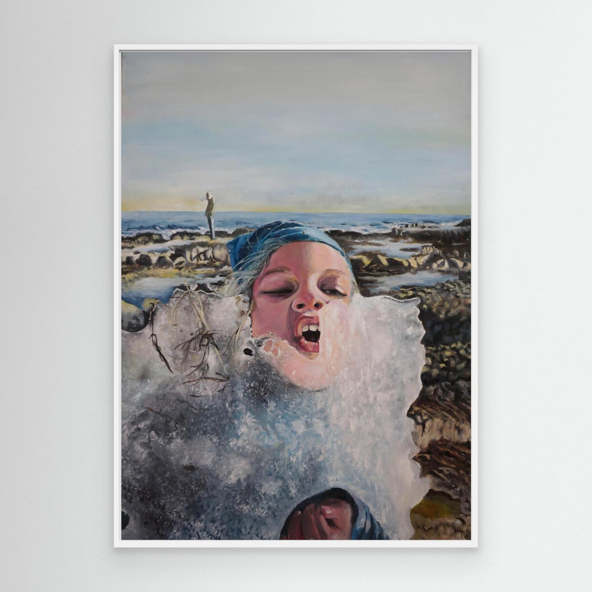 Vibrant oil painting of a child eating ice near the Nordic shoreline. Emotional, playful, and wild. Original art by Vilda Rosenblad.