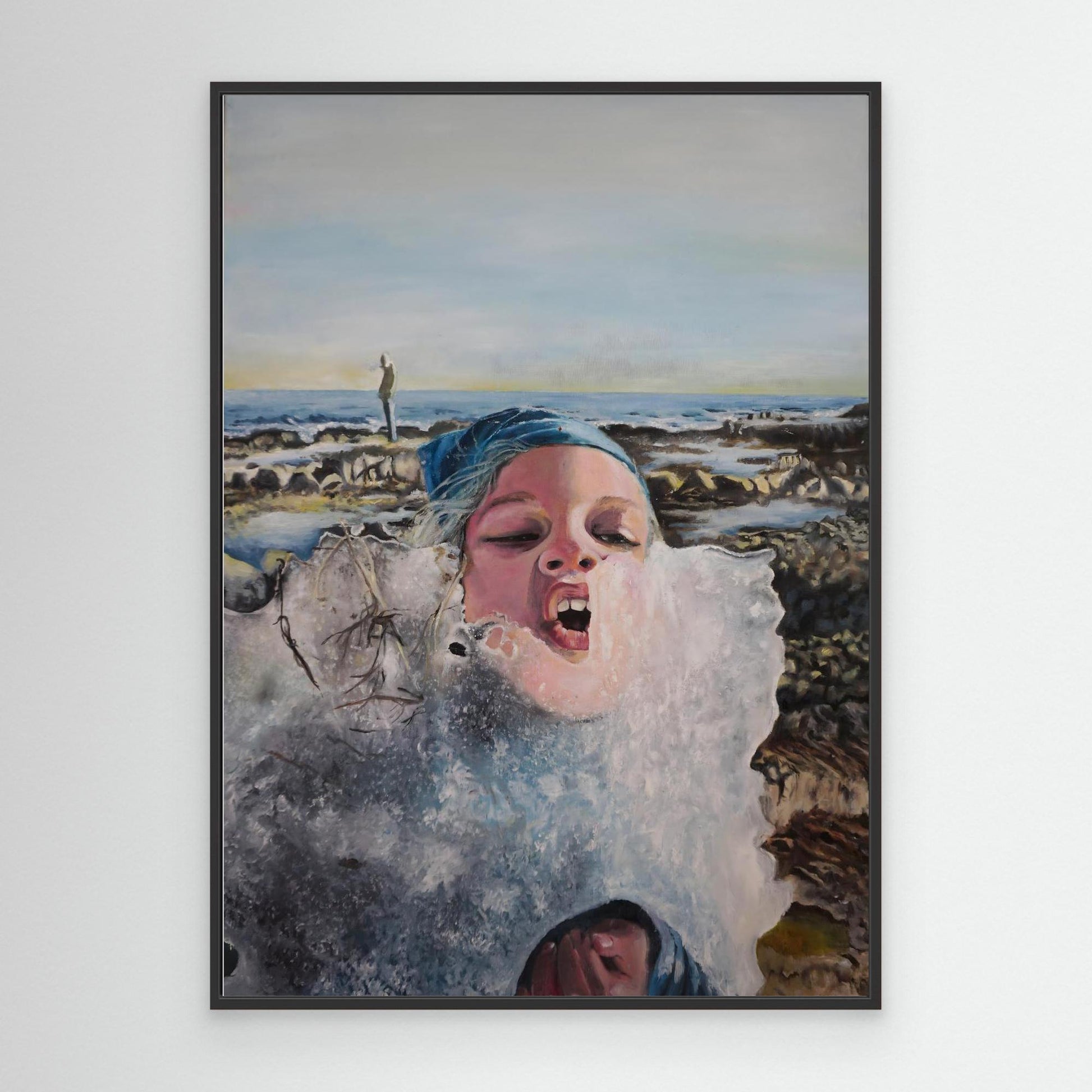 Vibrant oil painting of a child eating ice near the Nordic shoreline. Emotional, playful, and wild. Original art by Vilda Rosenblad.