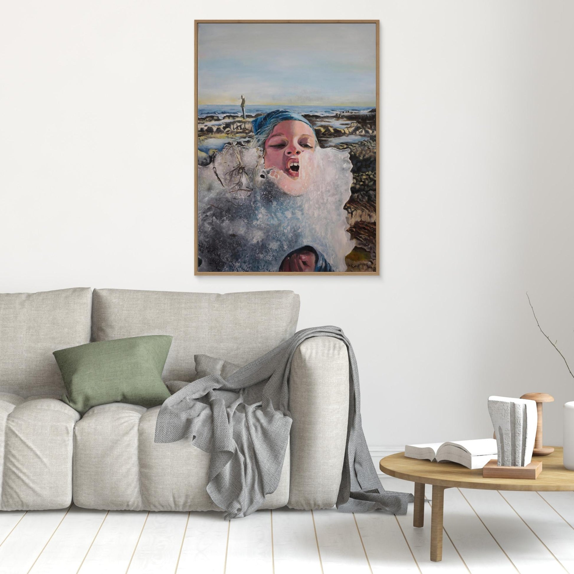 Vibrant oil painting of a child eating ice near the Nordic shoreline. Emotional, playful, and wild. Original art by Vilda Rosenblad.