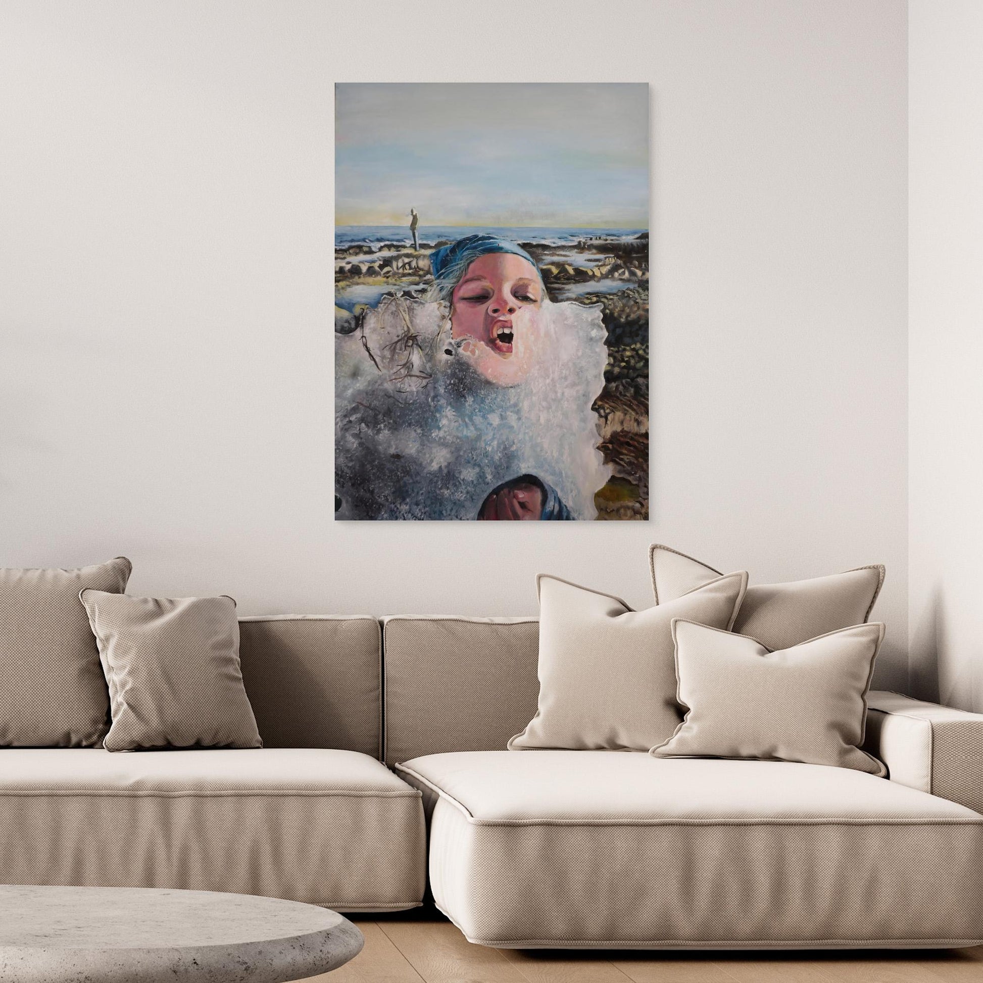 Vibrant oil painting of a child eating ice near the Nordic shoreline. Emotional, playful, and wild. Original art by Vilda Rosenblad.