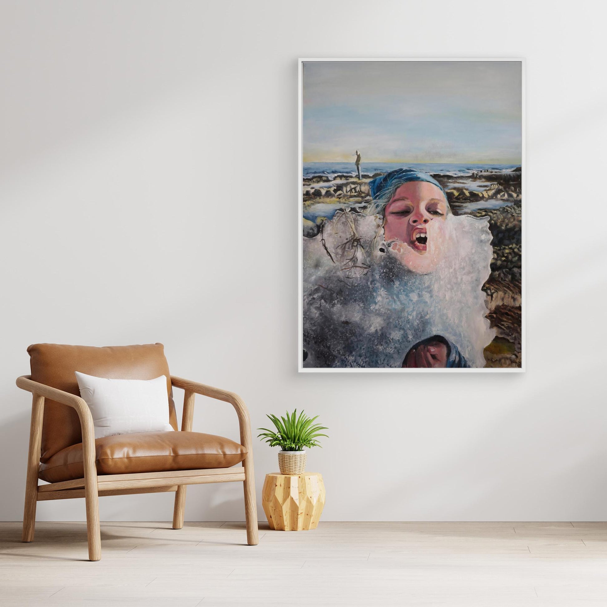 Vibrant oil painting of a child eating ice near the Nordic shoreline. Emotional, playful, and wild. Original art by Vilda Rosenblad