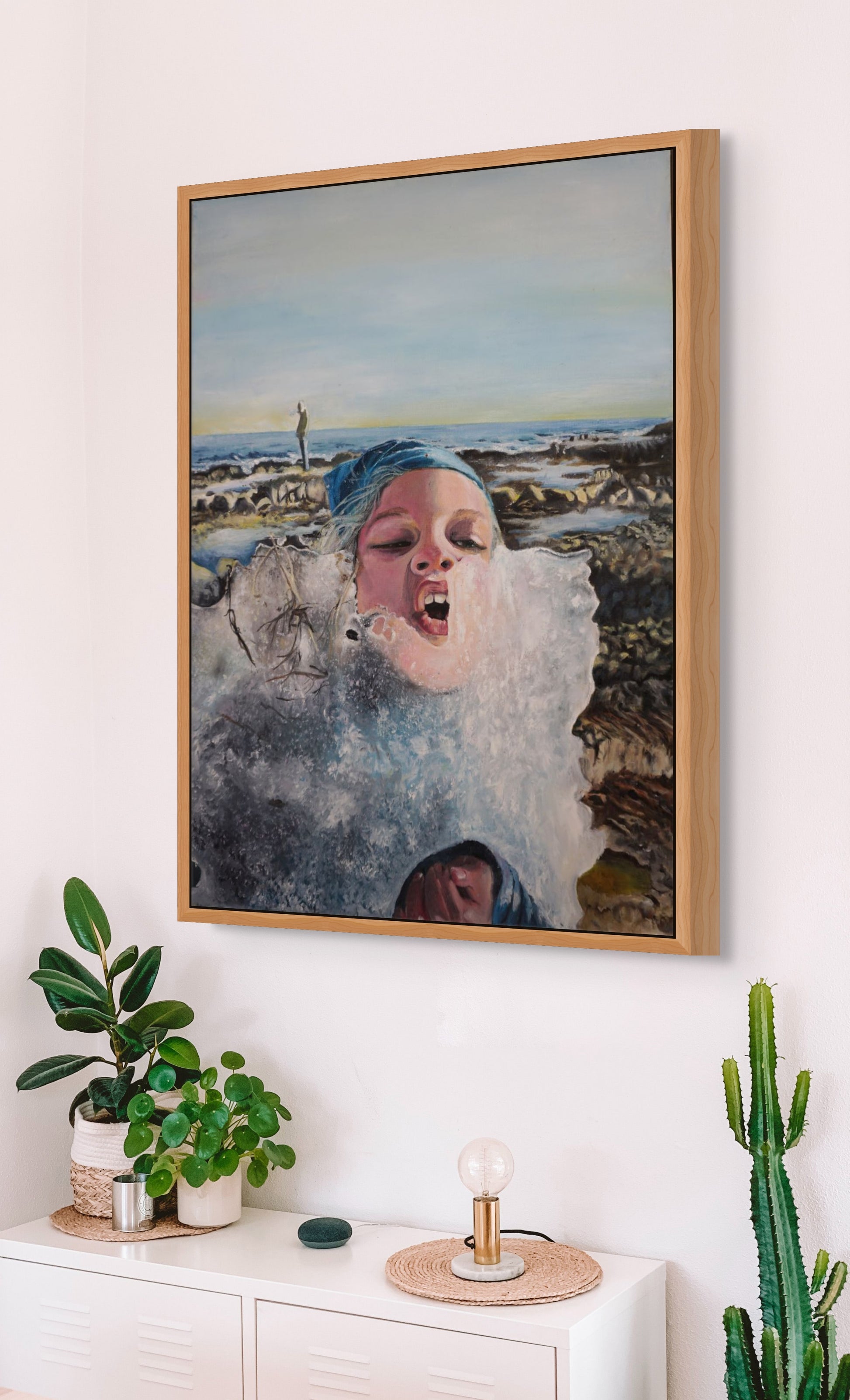 Vibrant oil painting of a child eating ice near the Nordic shoreline. Emotional, playful, and wild. Original art by Vilda Rosenblad.
