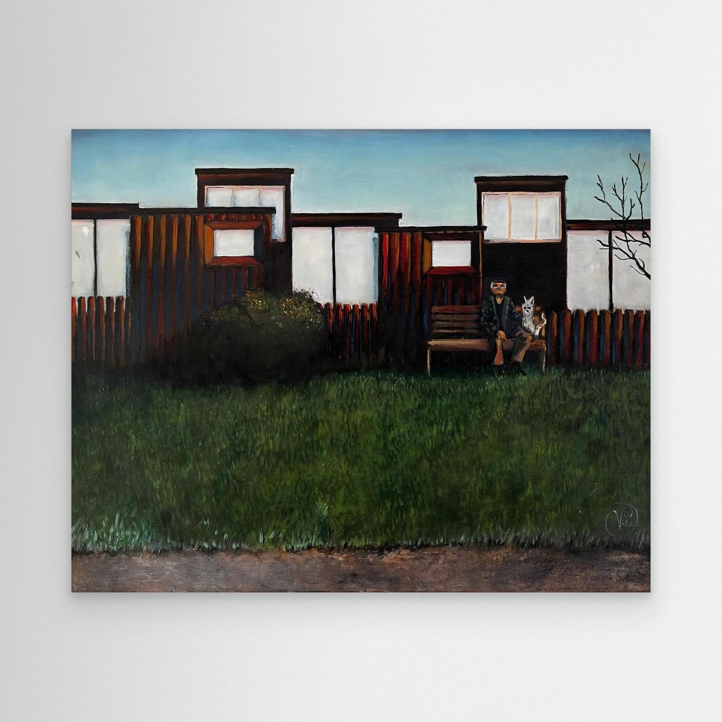 Oil painting of elderly man and dog sitting on bench in front of suburban Swedish homes, by Vilda Rosenblad.