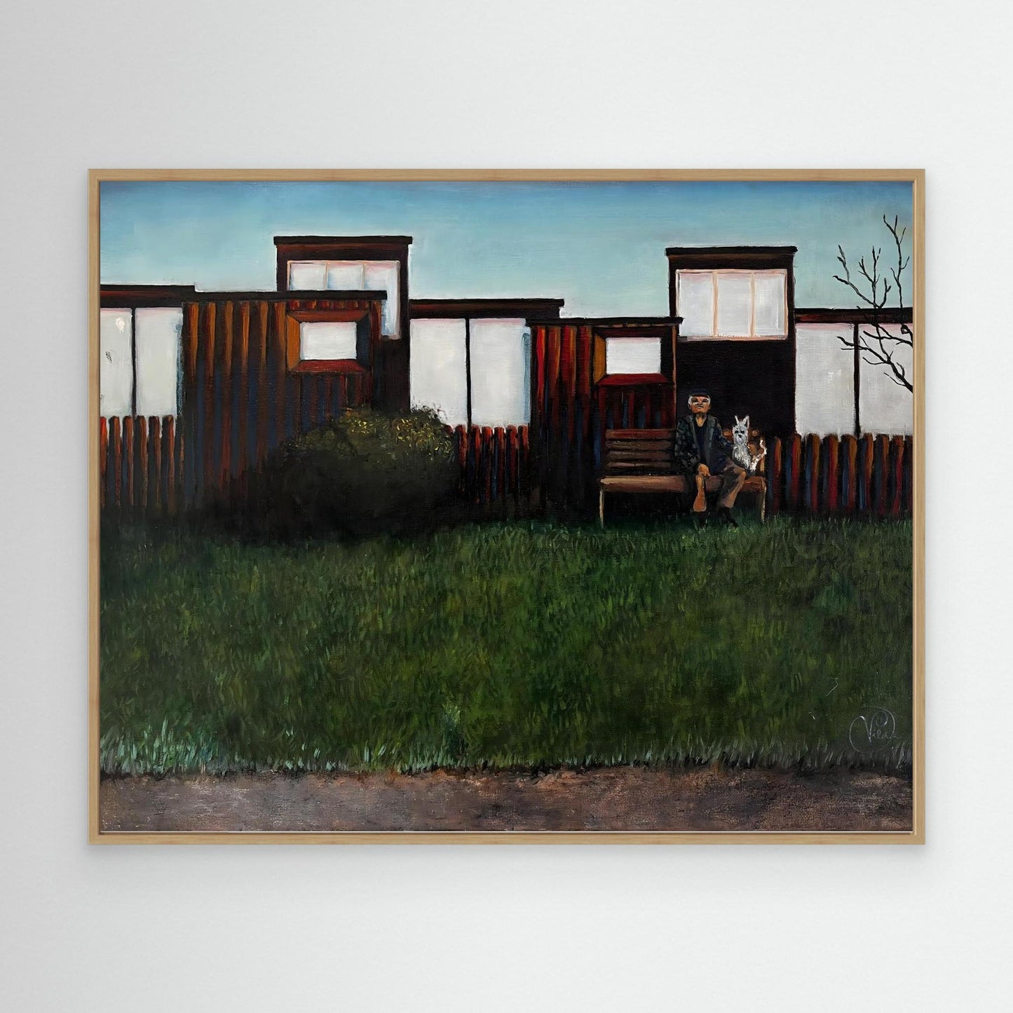 Oil painting of elderly man and dog sitting on bench in front of suburban Swedish homes, by Vilda Rosenblad.