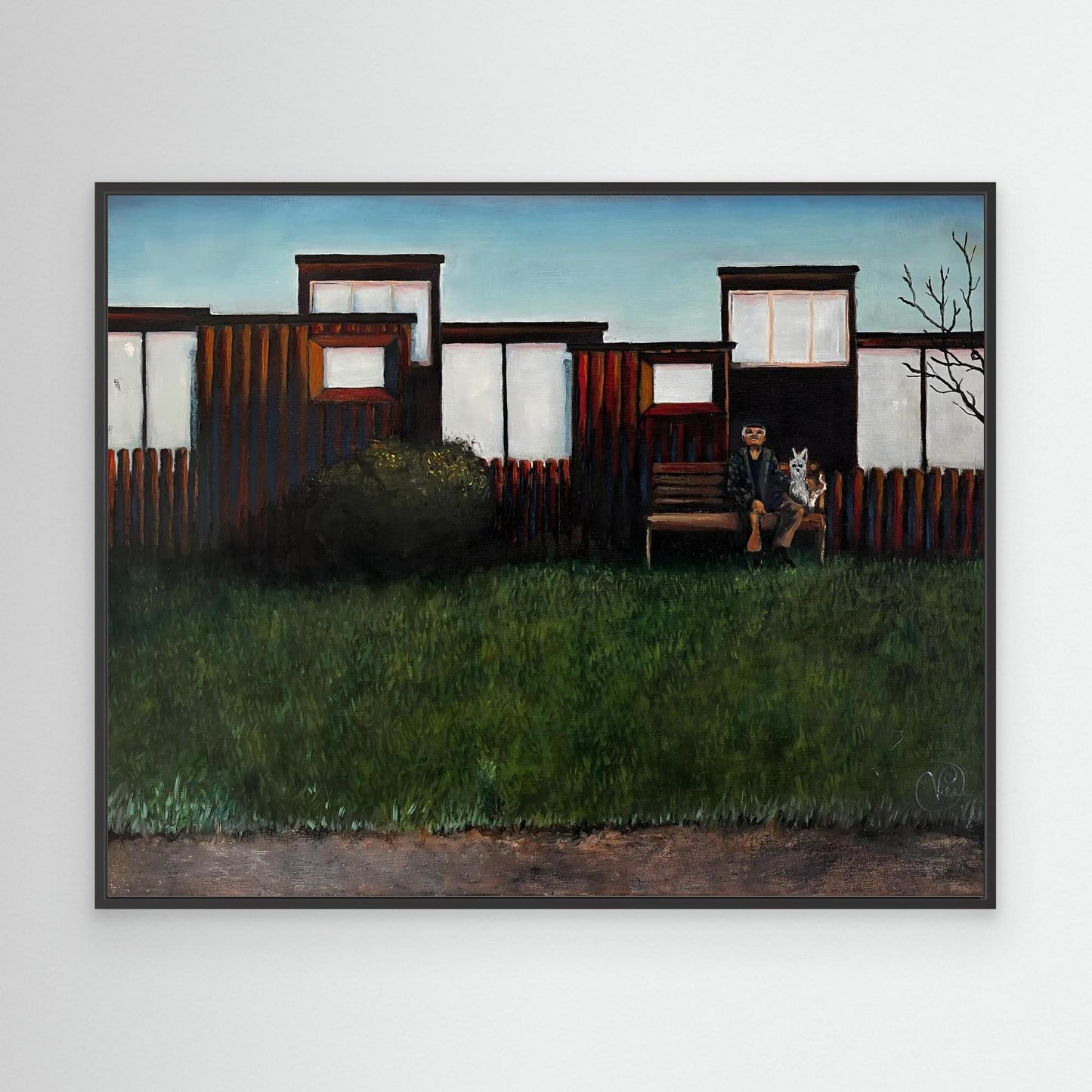 Oil painting of elderly man and dog sitting on bench in front of suburban Swedish homes, by Vilda Rosenblad.
