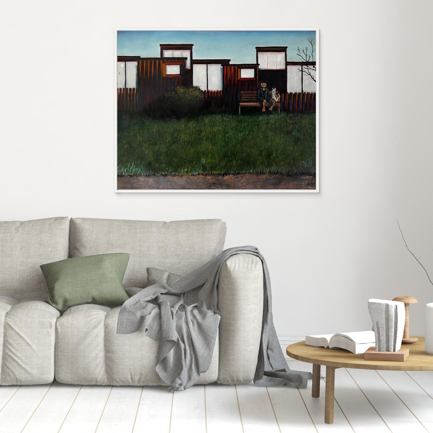 Oil painting of elderly man and dog sitting on bench in front of suburban Swedish homes, by Vilda Rosenblad.