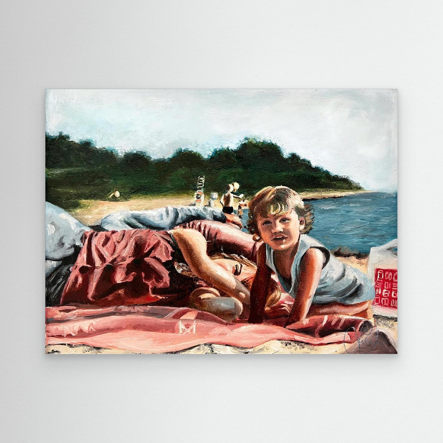 Child and woman resting on a Swedish beach, figurative oil painting by artist Vilda Rosenblad.