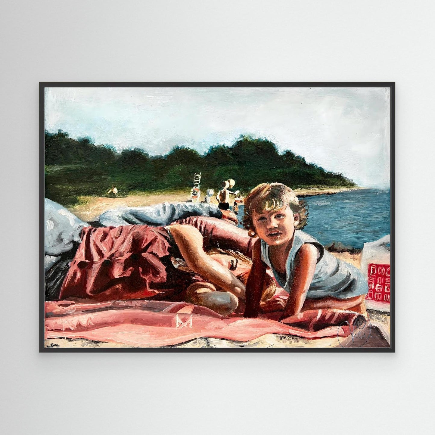 Child and woman resting on a Swedish beach, figurative oil painting by artist Vilda Rosenblad.