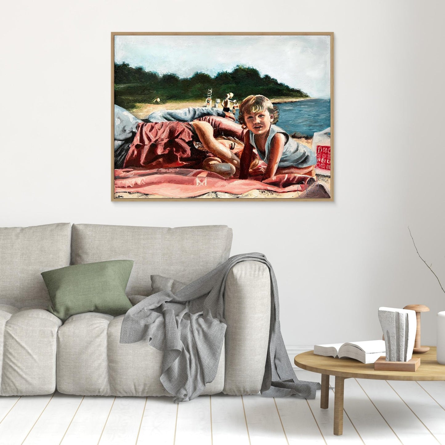 Child and woman resting on a Swedish beach, figurative oil painting by artist Vilda Rosenblad.