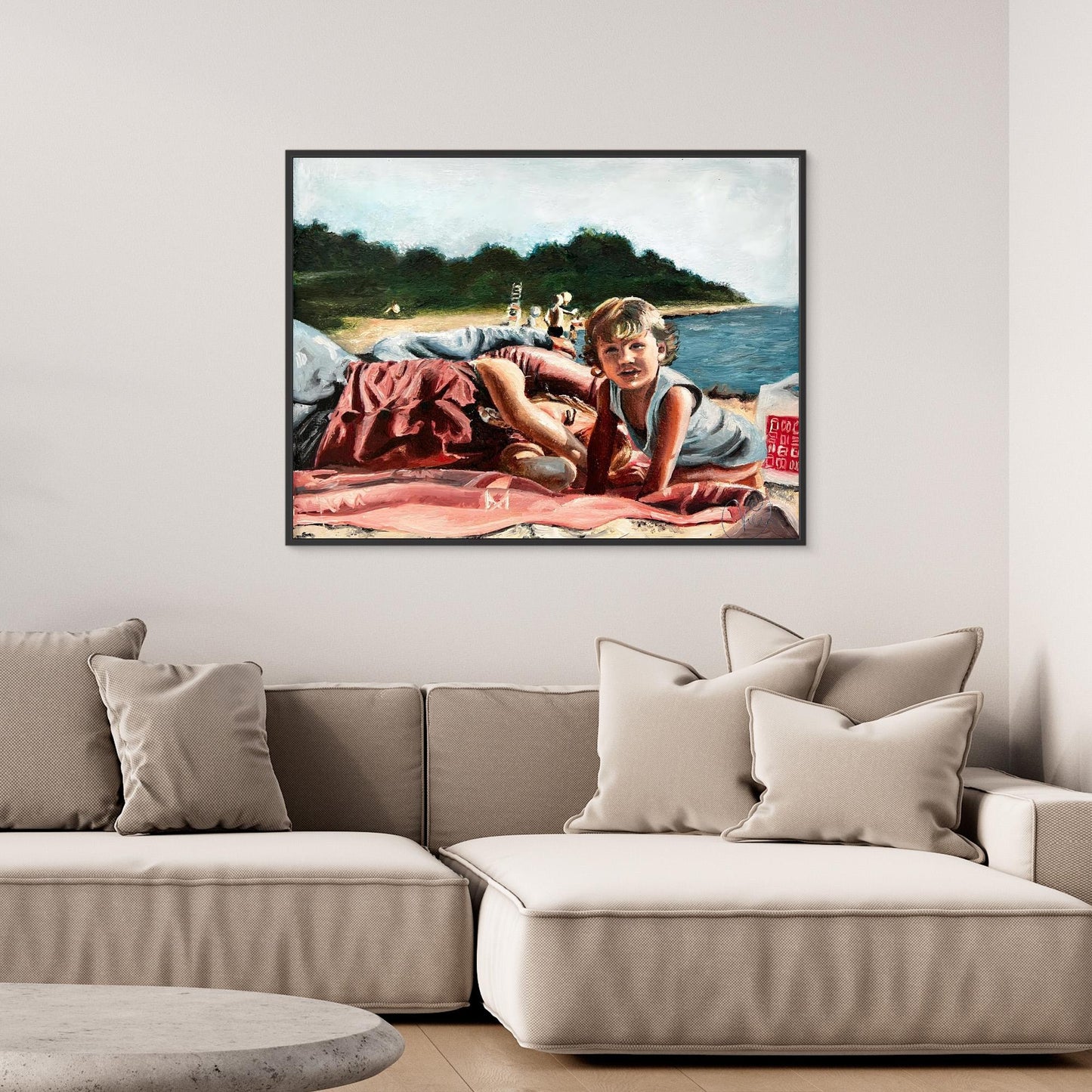 Child and woman resting on a Swedish beach, figurative oil painting by artist Vilda Rosenblad.