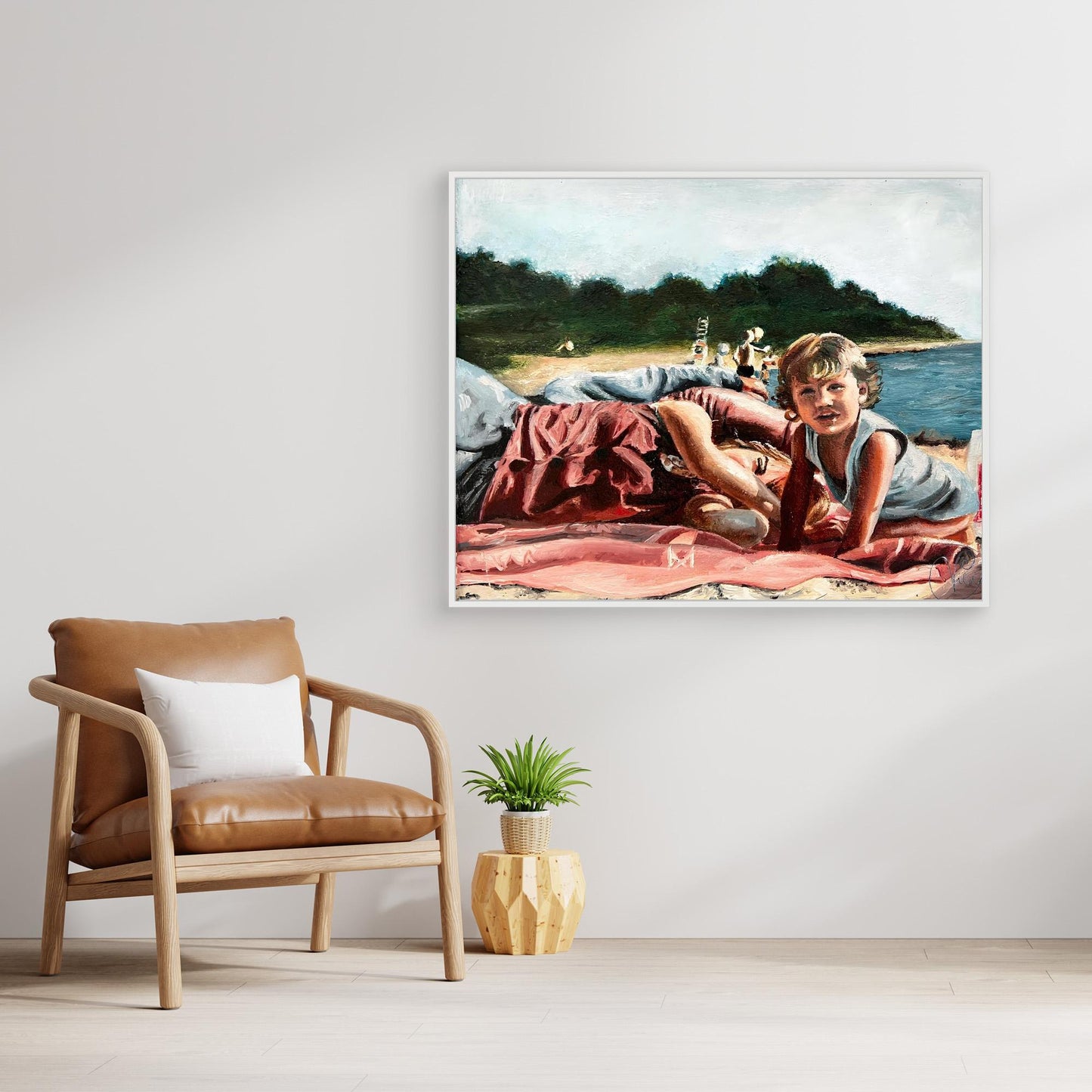 Child and woman resting on a Swedish beach, figurative oil painting by artist Vilda Rosenblad.