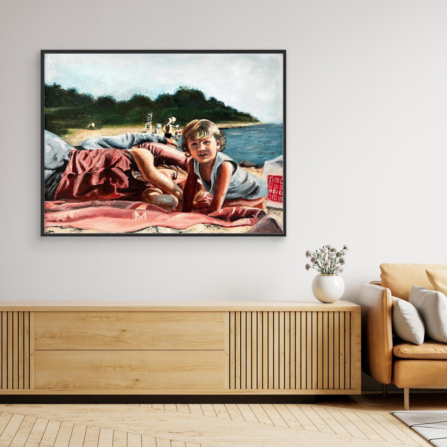 Child and woman resting on a Swedish beach, figurative oil painting by artist Vilda Rosenblad.