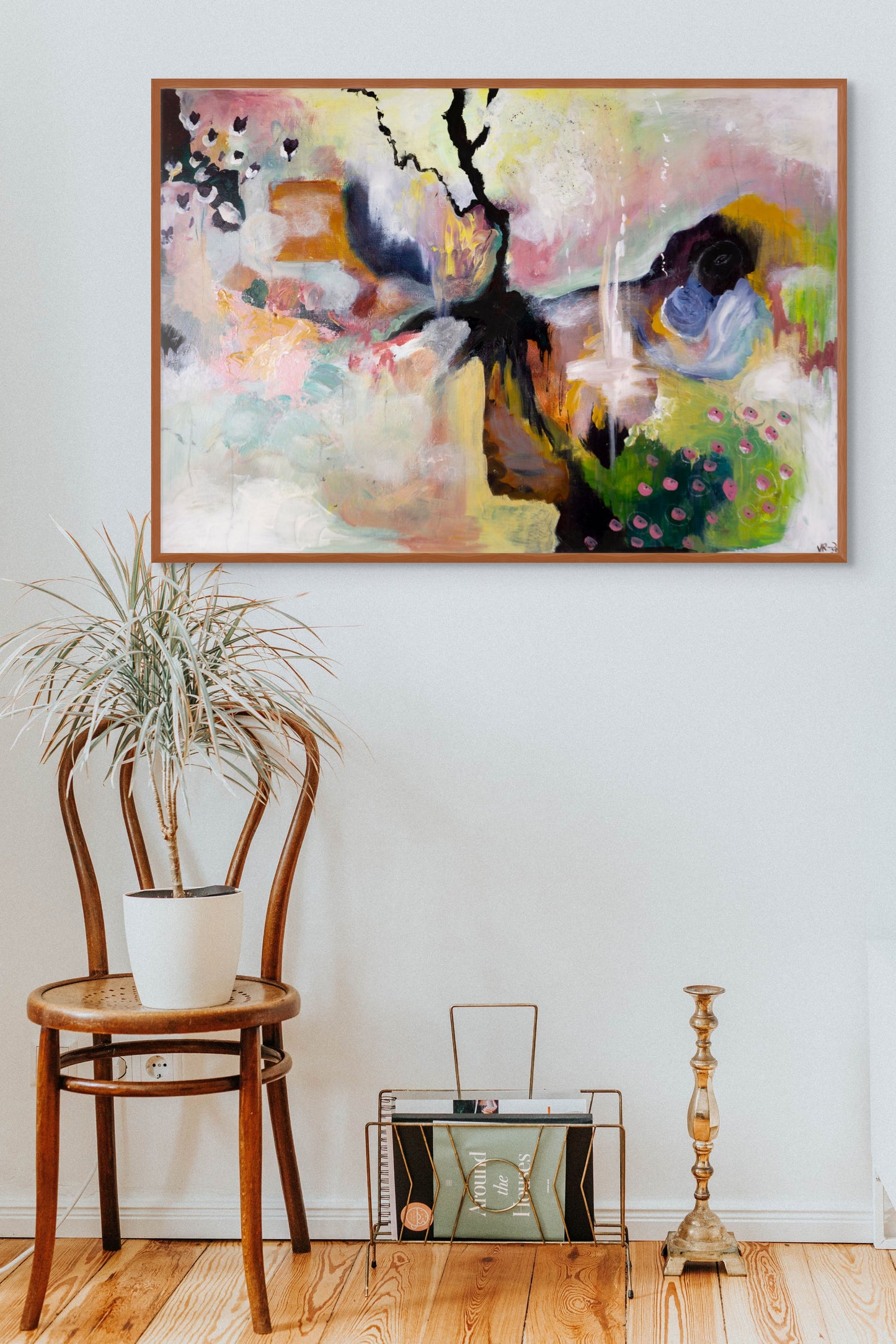 Abstract acrylic painting with floral pastels, bold black line, and spring-inspired palette by Swedish artist Vilda Rosenblad.