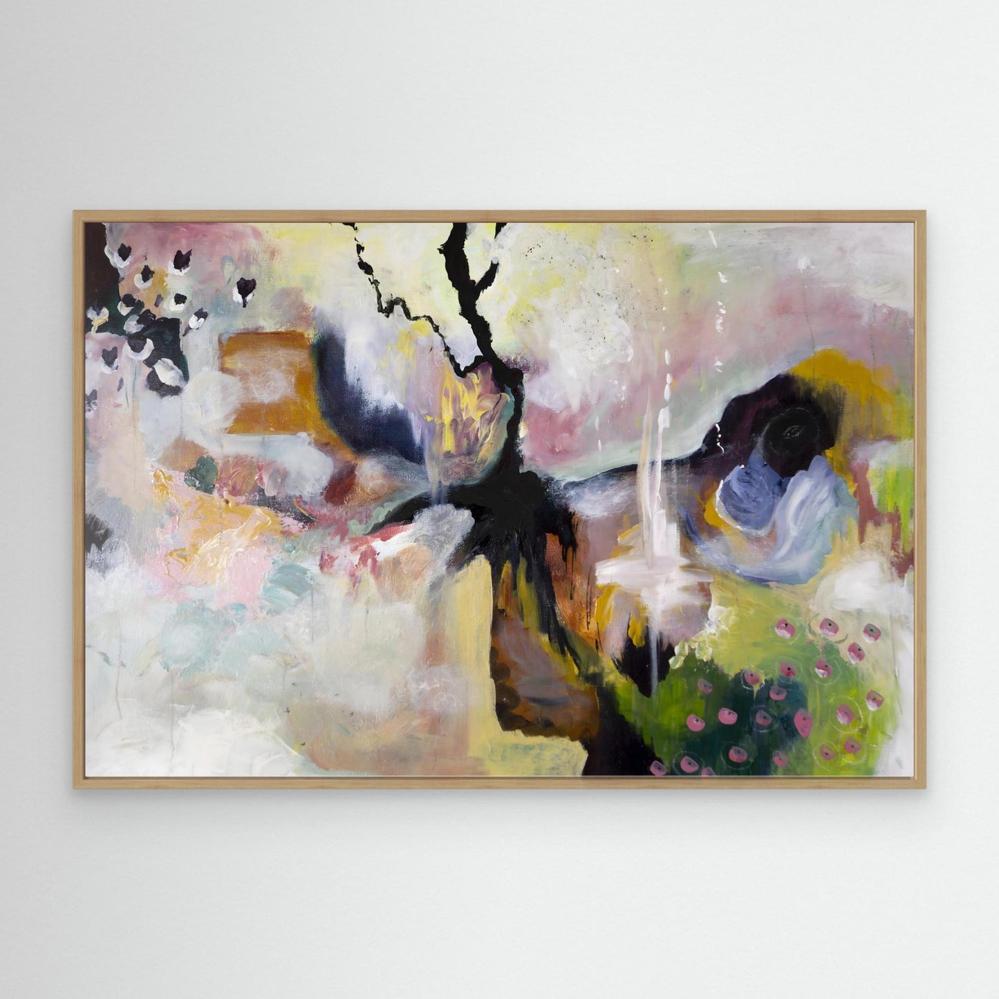 Abstract acrylic painting with floral pastels, bold black line, and spring-inspired palette by Swedish artist Vilda Rosenblad.