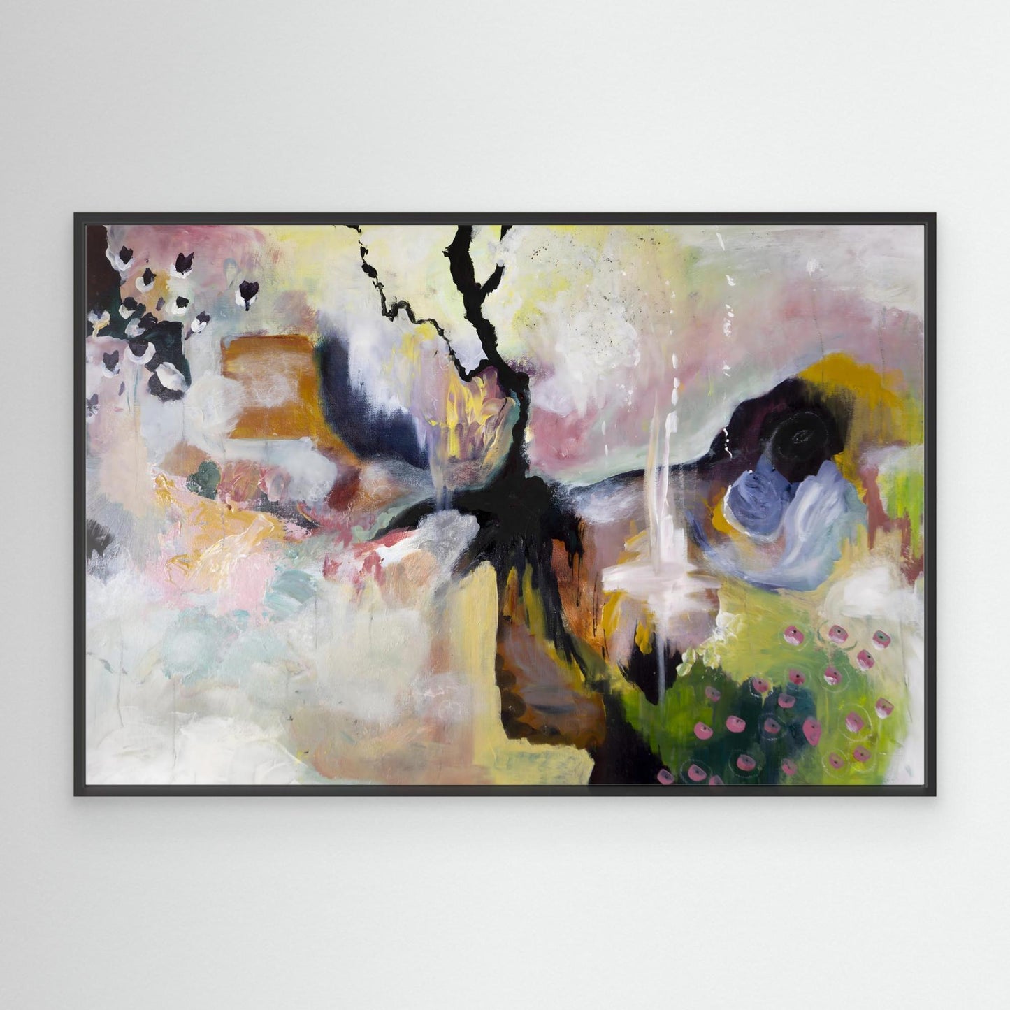 Abstract acrylic painting with floral pastels, bold black line, and spring-inspired palette by Swedish artist Vilda Rosenblad.