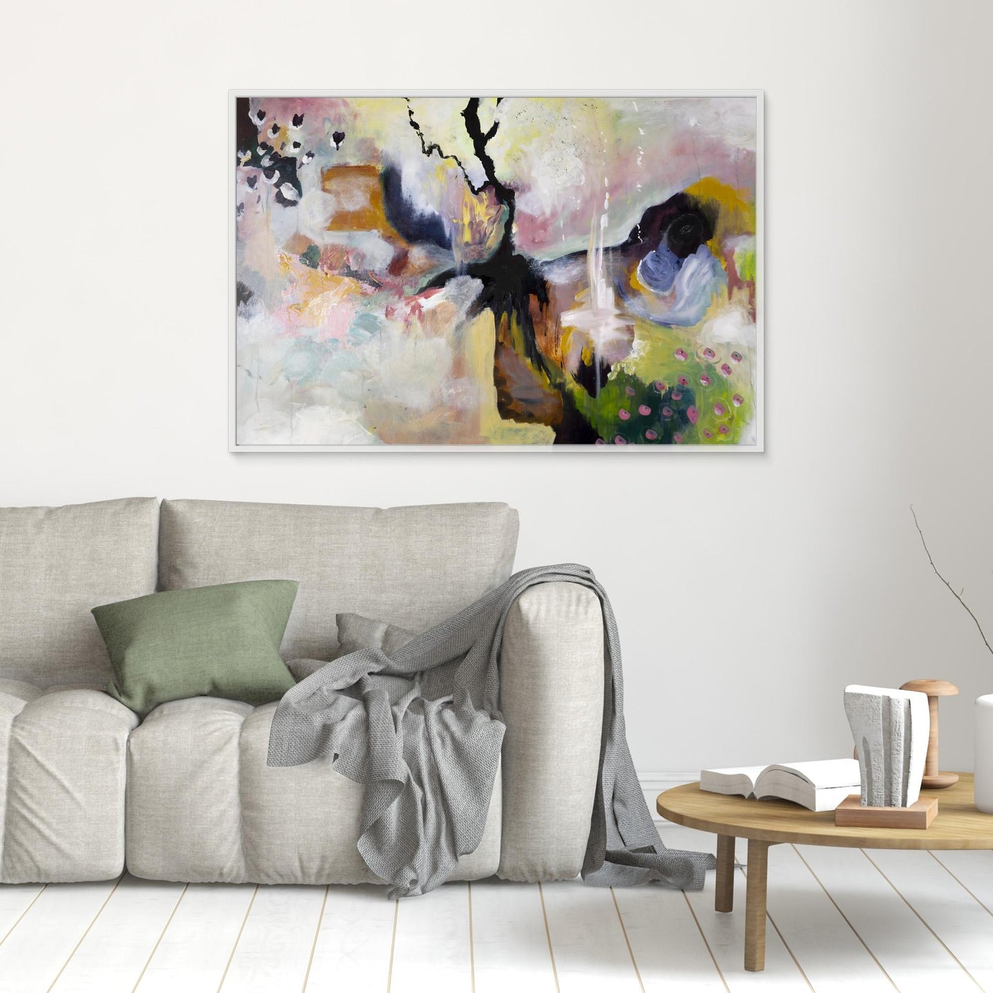 Abstract acrylic painting with floral pastels, bold black line, and spring-inspired palette by Swedish artist Vilda Rosenblad.