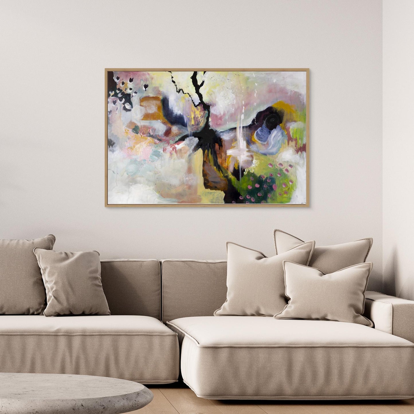 Abstract acrylic painting with floral pastels, bold black line, and spring-inspired palette by Swedish artist Vilda Rosenblad.