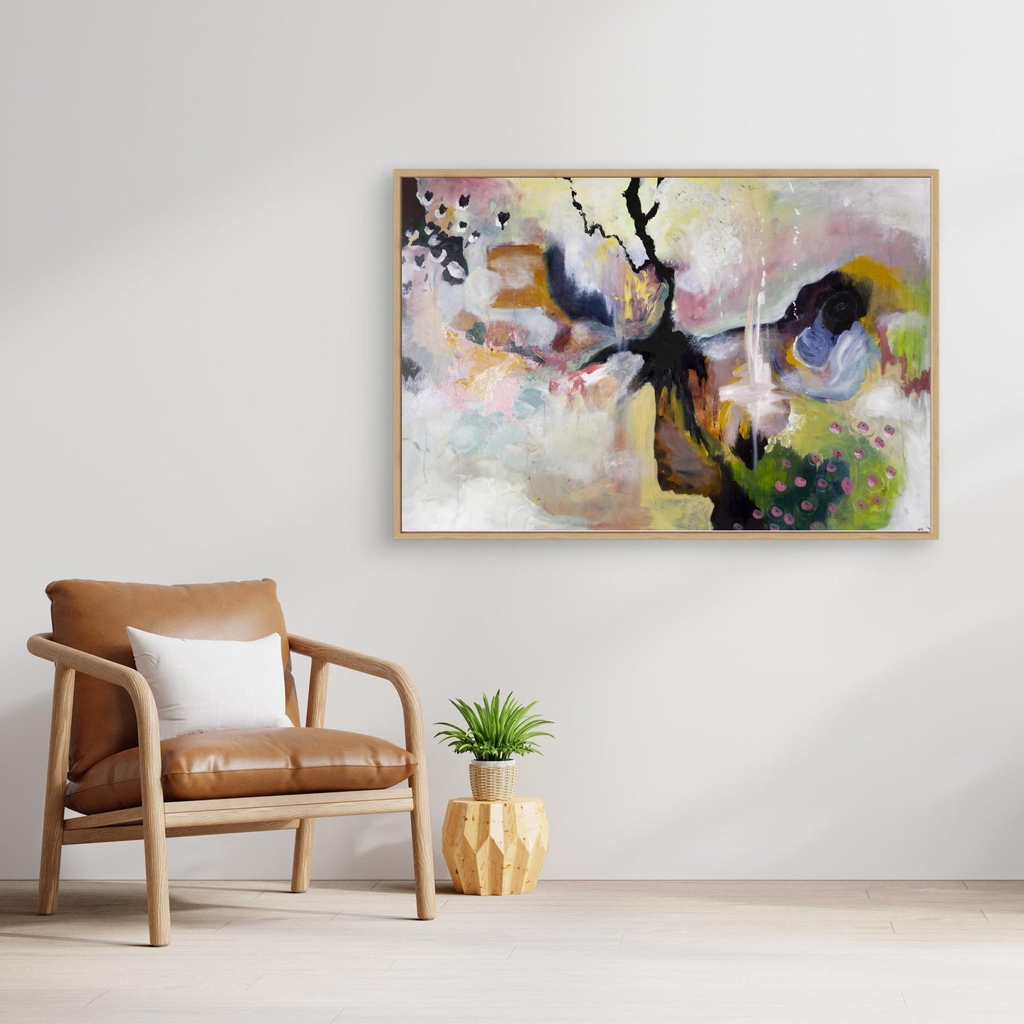 Abstract acrylic painting with floral pastels, bold black line, and spring-inspired palette by Swedish artist Vilda Rosenblad.