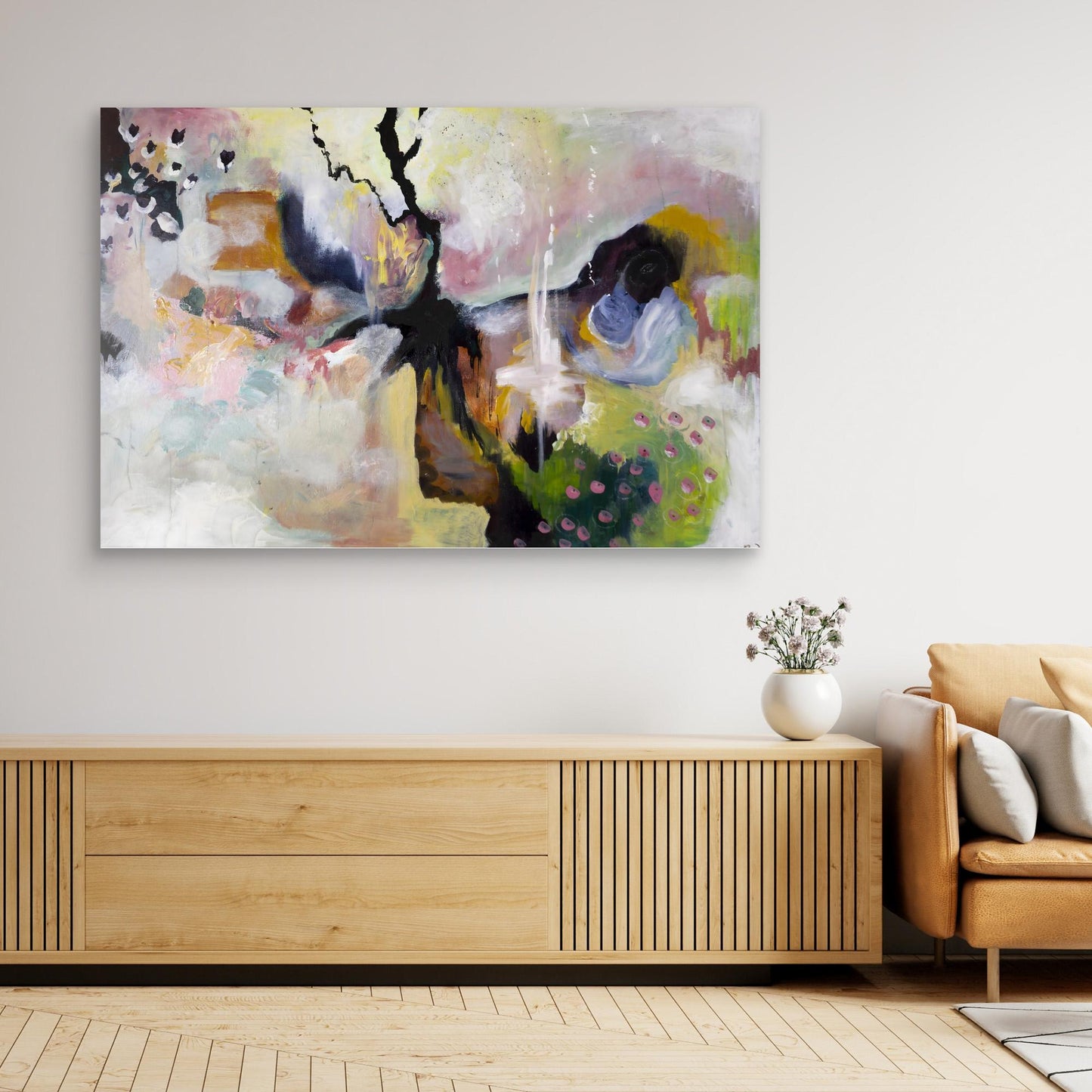Abstract acrylic painting with floral pastels, bold black line, and spring-inspired palette by Swedish artist Vilda Rosenblad.