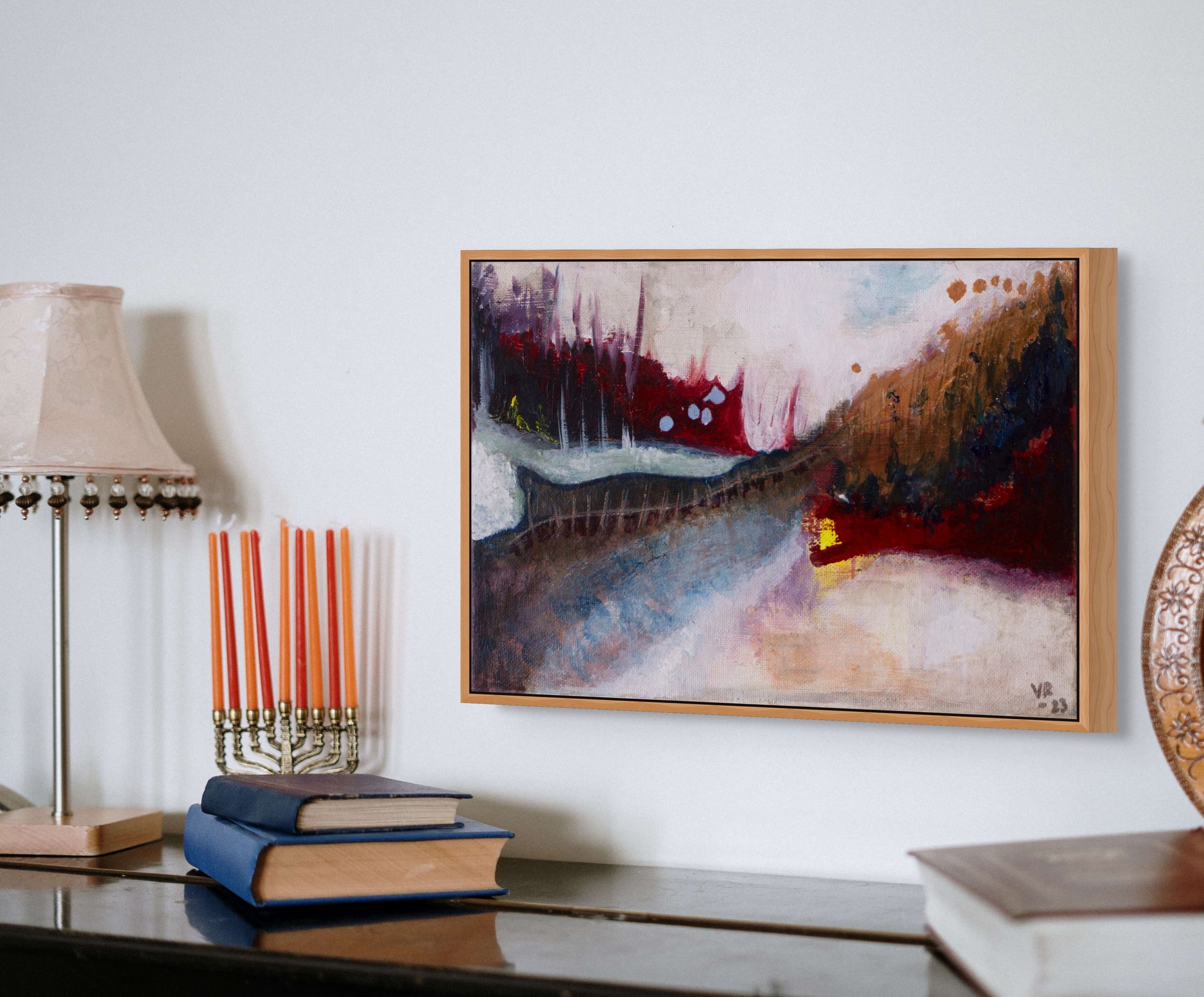 Small abstract acrylic landscape in earthy tones, evoking a forest and moody path, painted by Swedish artist Vilda Rosenblad.