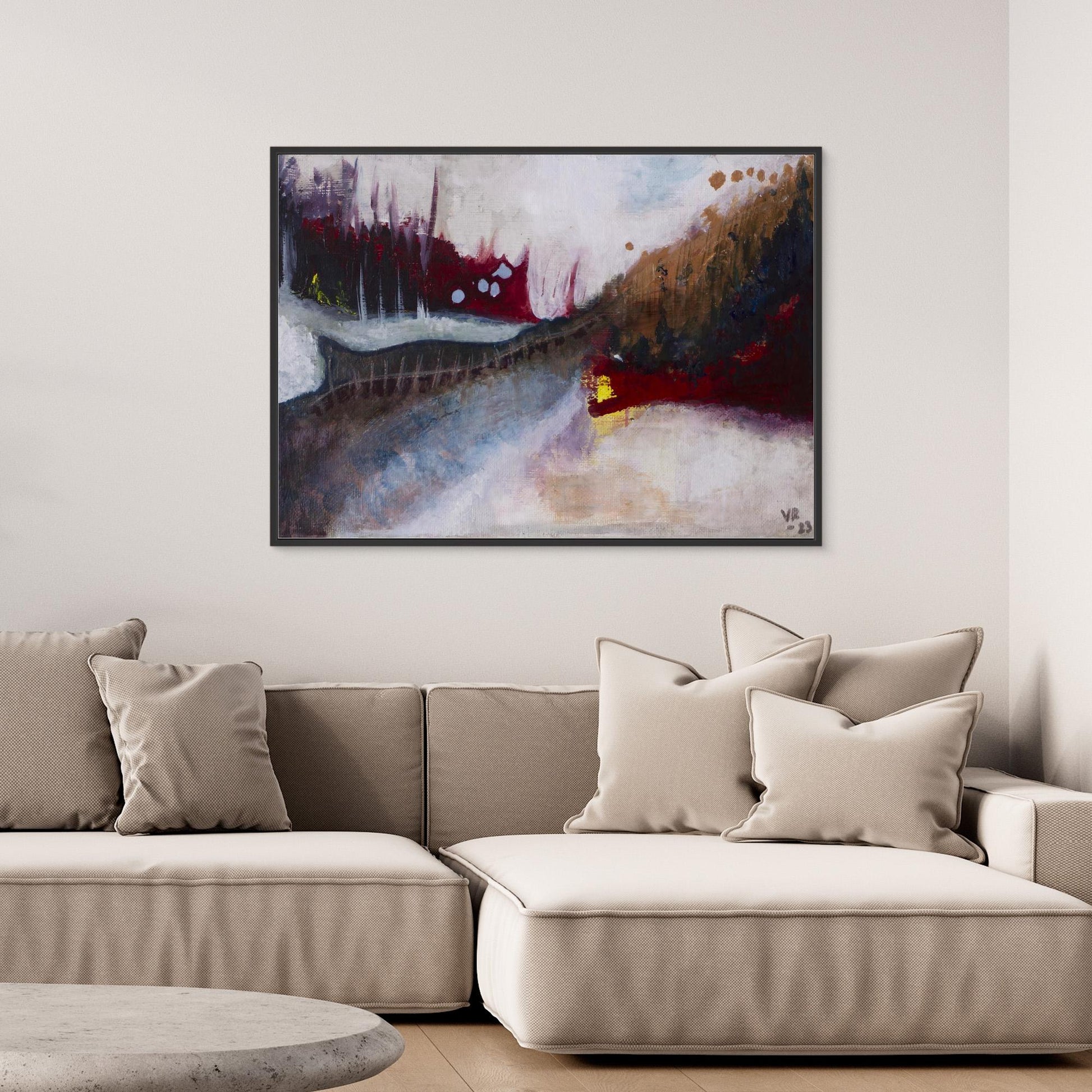 Small abstract acrylic landscape in earthy tones, evoking a forest and moody path, painted by Swedish artist Vilda Rosenblad.