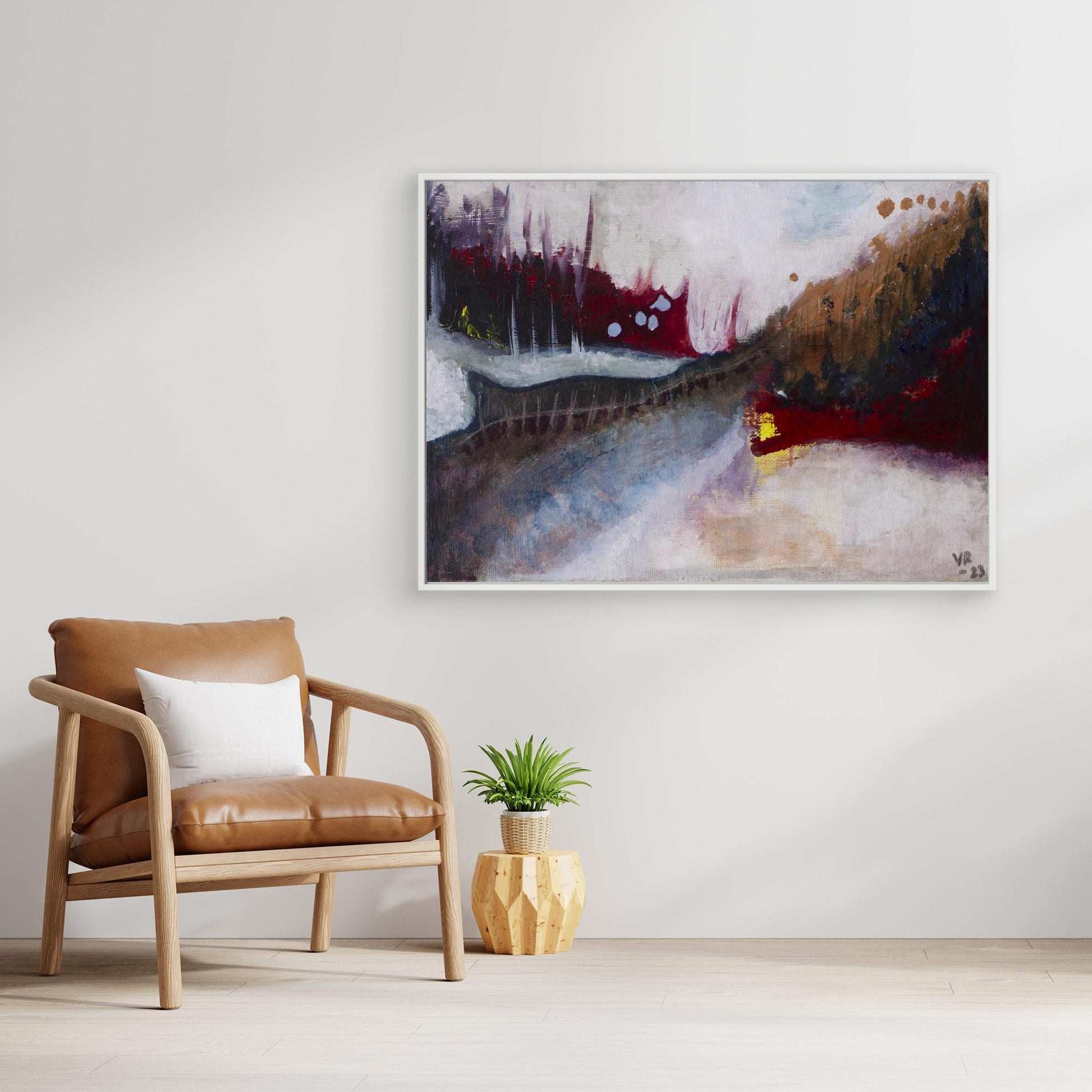 Small abstract acrylic landscape in earthy tones, evoking a forest and moody path, painted by Swedish artist Vilda Rosenblad.